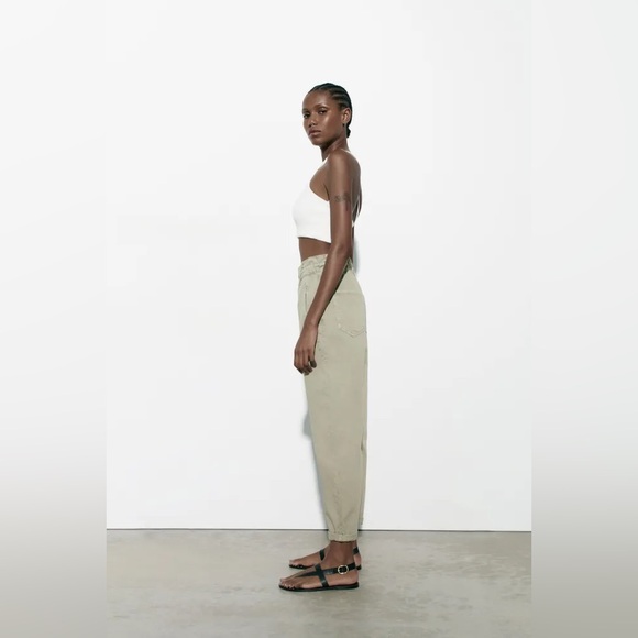 Zara Sage Green Baggy Fit Paper Bag Carrot Leg High Waist Ankle Pants size 0 - Picture 4 of 6